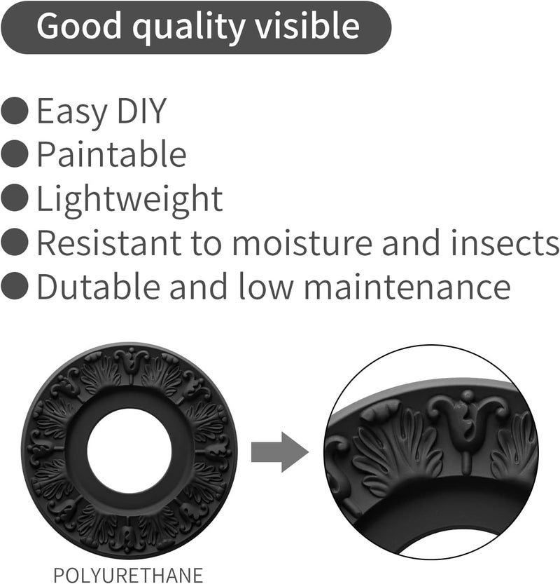 ELFCAB 2 PCS Vintage Carved Flower PU Ceiling Medallion for Light Fixtures and Ceiling Fans 10-1/8"OD X 4"ID X 0.8 "P (Black) - Image 3